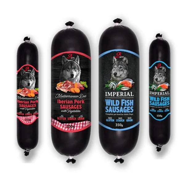 salchichas de comida húmeda o premios para perros, sabor pescado y cerdo, marca alpha spirit
